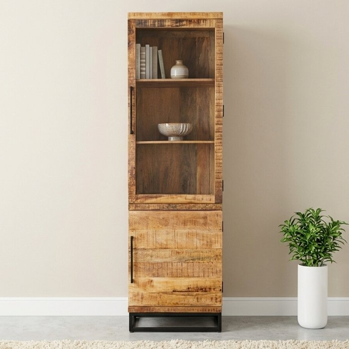 Vitrinekast mangohout industrieel 60 cm.