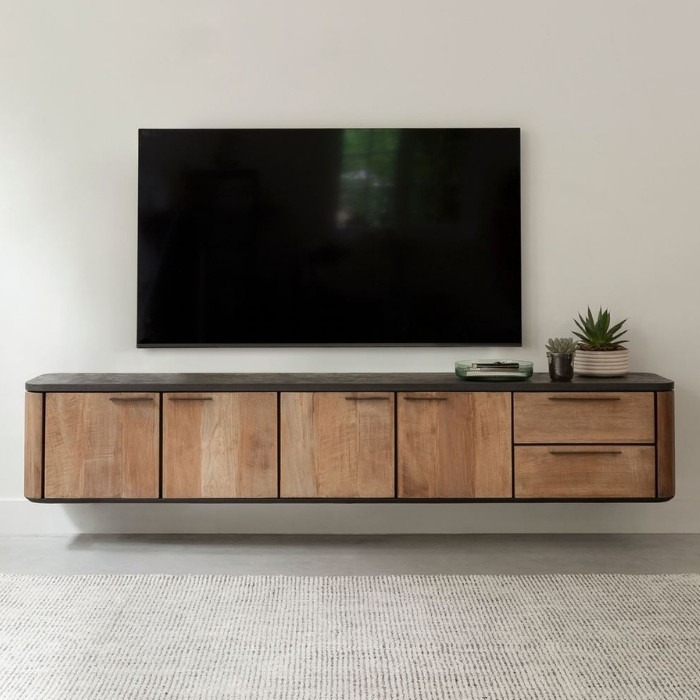 Zwevend tv meubel teak 230 cm.