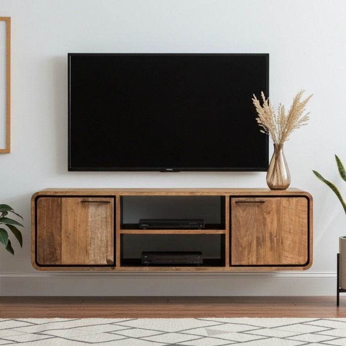 Zwevend tv meubel teak.