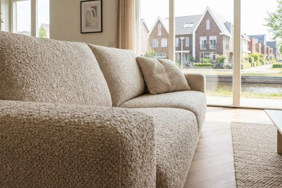 Close-up van bouclé bekleding op een hoekbank