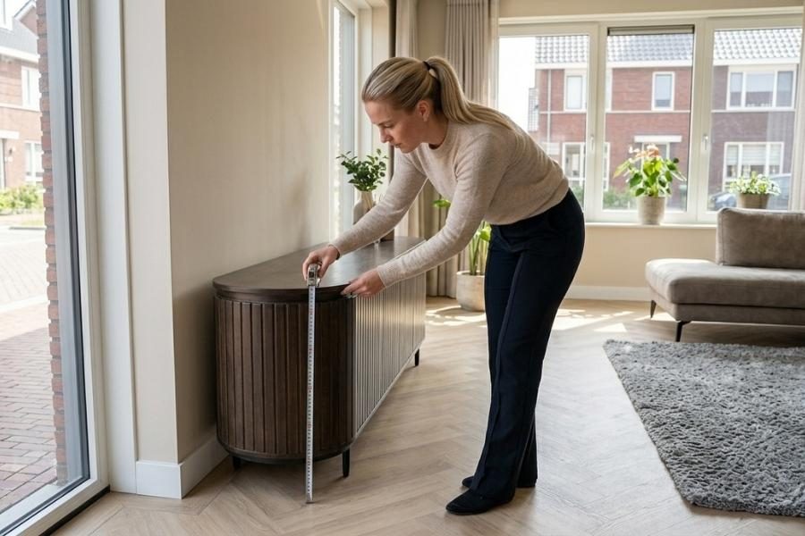 Vrouw meet de hoogte van een tv-meubel met een rolmaat