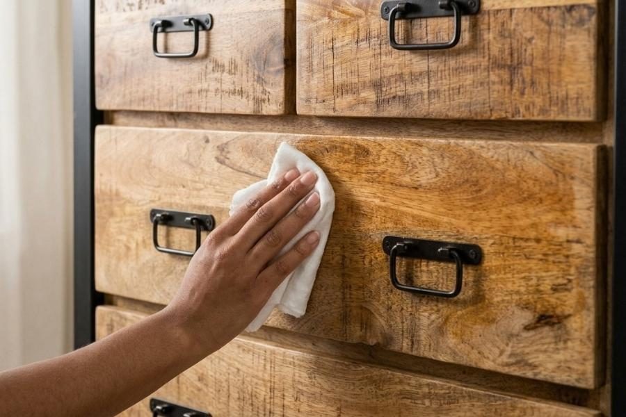 Mangohouten ladekast wordt ingewreven met een zachte doek