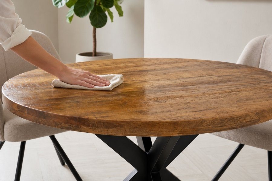 Rond mangohouten tafelblad wordt schoongemaakt met een doek