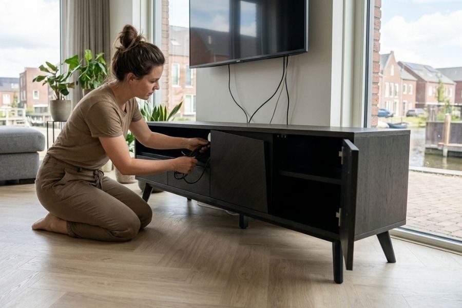 Vrouw werkt de kabels weg in de lade van een zwart tv-meubel