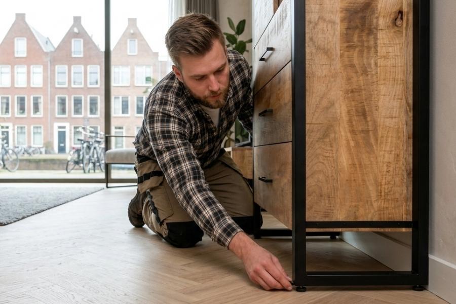 Man stelt de stelvoet van een houten kast af op de vloer