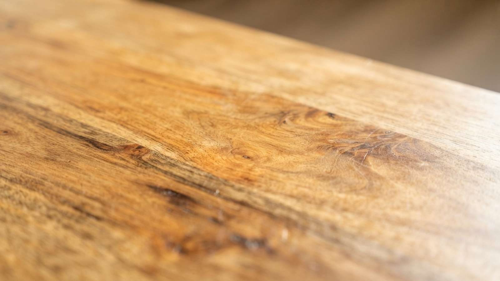Glad geschuurd mangohouten tafelblad in close-up
