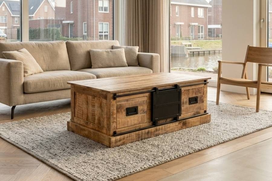 Mangohouten salontafel met schuifdeur en opbergruimte voor de bank