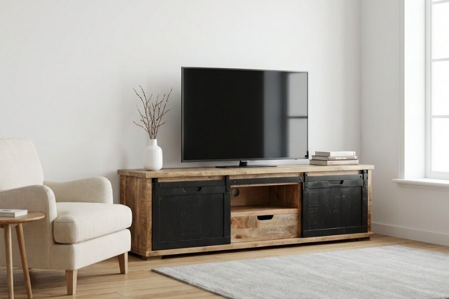 Mangohouten tv-meubel met zwarte schuifdeuren in een lichte woonkamer