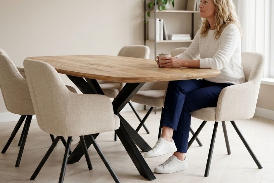 Vrouw aan een ovale mangohouten eettafel met stoffen eetkamerstoelen