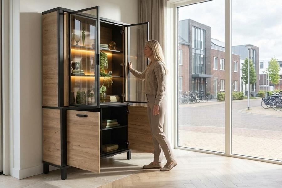 Vrouw opent de glazen deur van een verlichte vitrinekast