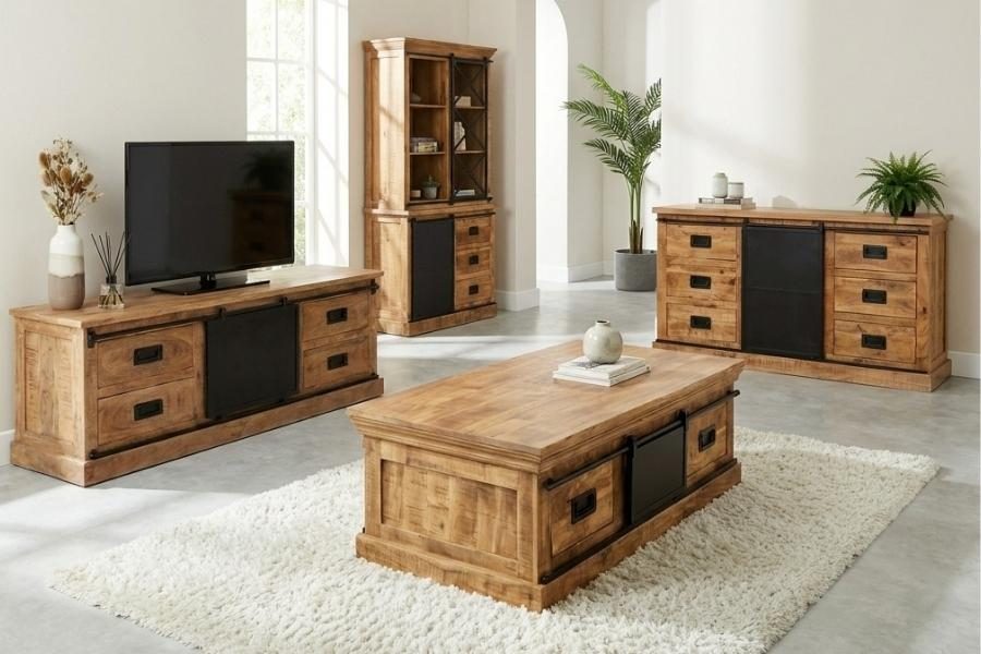 Woonkamer met tv-meubel, salontafel en dressoir van mangohout