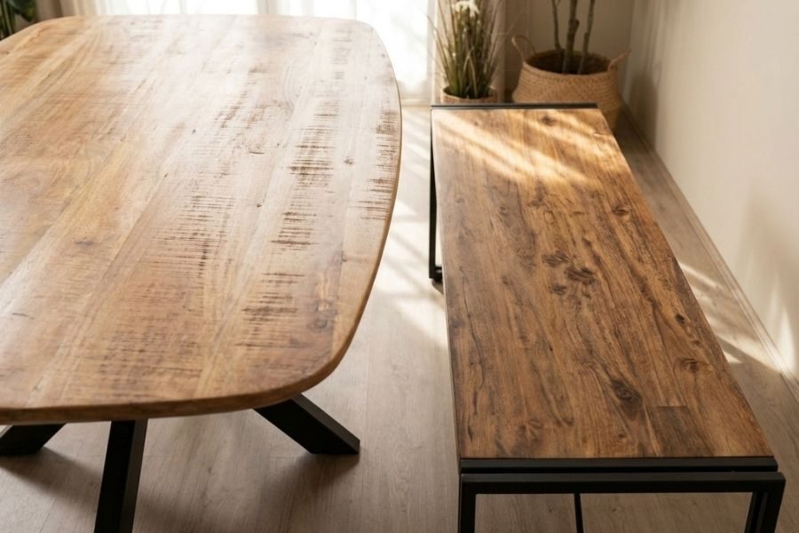 Massief houten eettafel met bijpassend eetkamerbankje in het zonlicht
