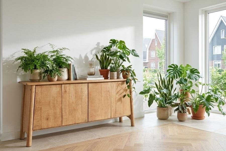 Houten dressoir met varens en kamerplanten voor een raam