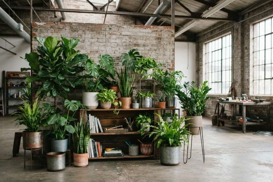 Kamerplanten op een stalen rek in een industriële loft met bakstenen muur