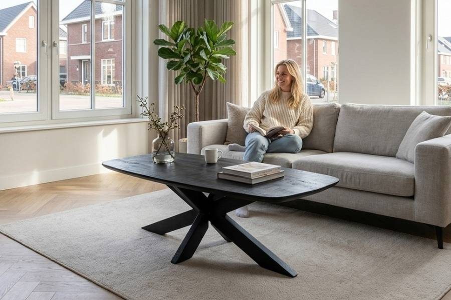 Zwarte ovale salontafel met spinpoot in een lichte woonkamer