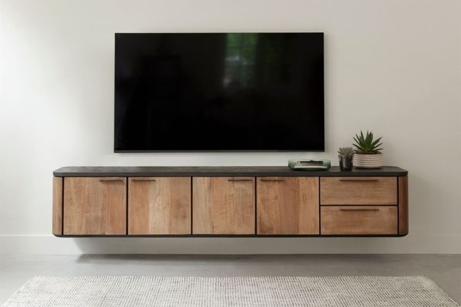 Zwevend tv-meubel van massief hout met betonlook blad
