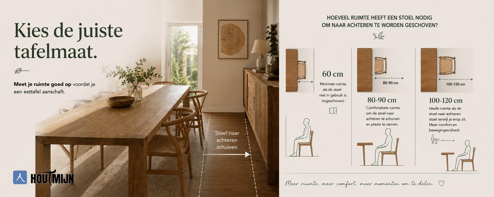 Houten eettafel in eetkamer met infographic over de benodigde ruimte om een stoel naar achteren te schuiven: 60, 80-90 en 100-120 cm
