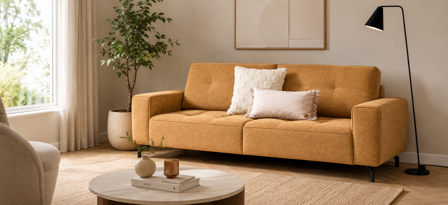Oker/mosterdgele stoffen bank met sierkussens in een lichte woonkamer, met een rond houten salontafeltje, jute vloerkleed en plant.