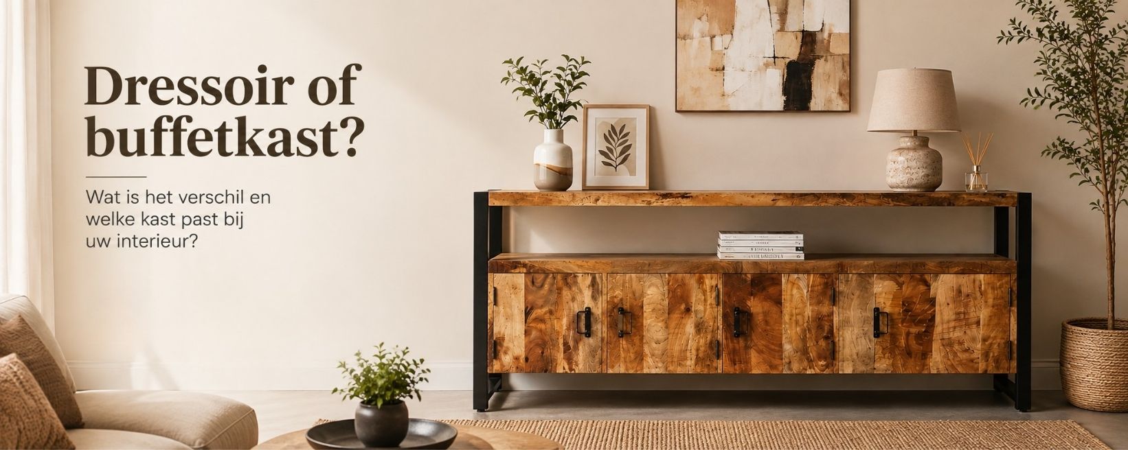 Mangohouten dressoir met zwart stalen frame in een woonkamer, met de tekst Dressoir of buffetkast