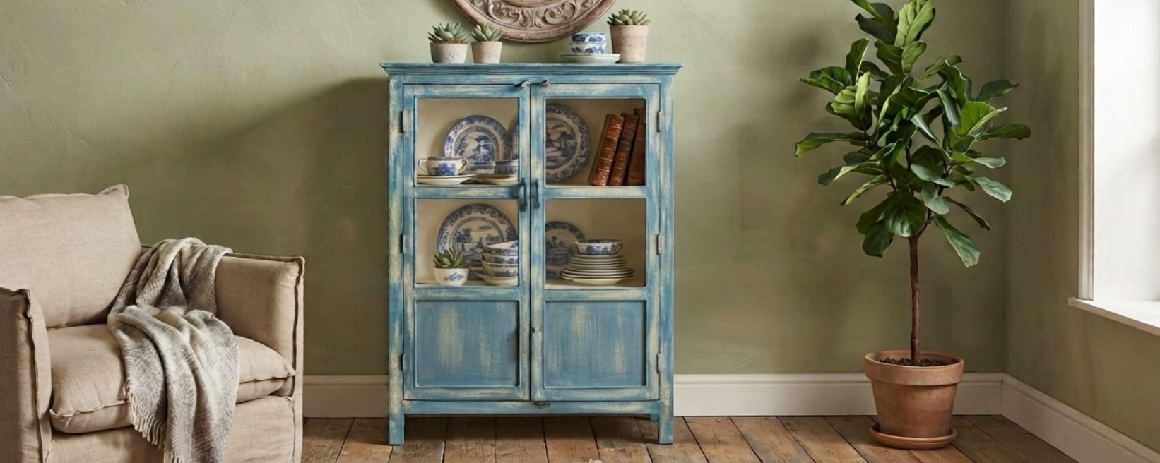 De blauwe vintage vitrinekast uit India met twee glazen deuren en dichte panelen aan de onderzijde, geplaatst in een sfeervolle woonkamer met een beige fauteuil, houten vloer en groene wand.