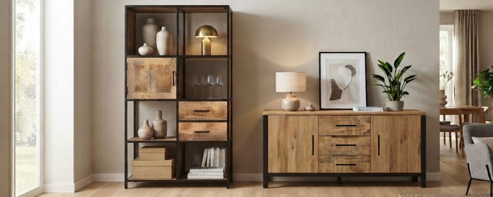 Industrieel houten dressoir en open vakkenkast met zwarte stalen frames tegen een beige muur, gestyled met woonaccessoires.