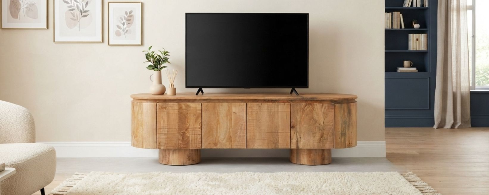 TV-meubel van warm mangohout met ronde hoeken, zwarte tv op het blad en ronde houten poten op een lichtkleurig vloerkleed.