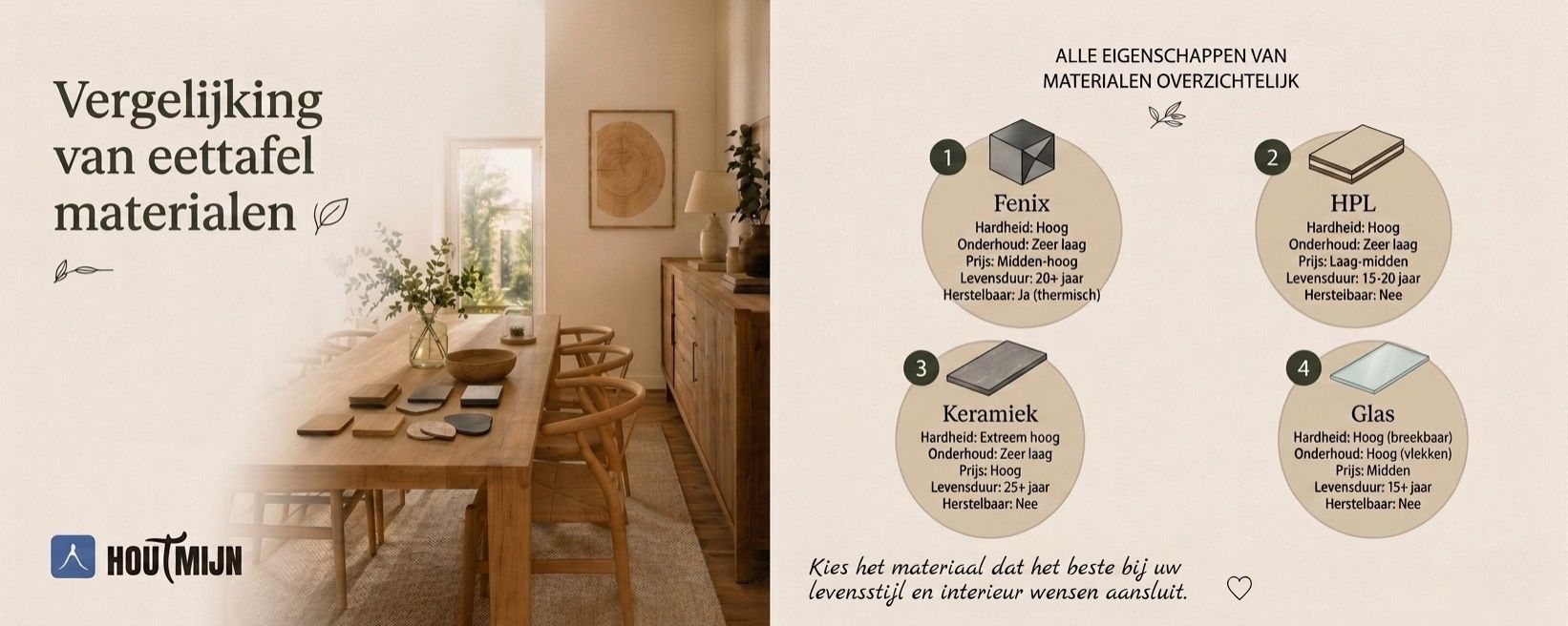 Vergelijking moderne eettafel materialen: Fenix, HPL, keramiek en glas