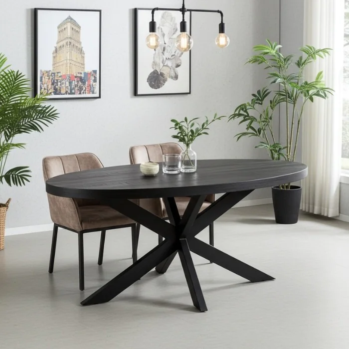 Ovale zwarte eettafel met zwart metalen onderstel