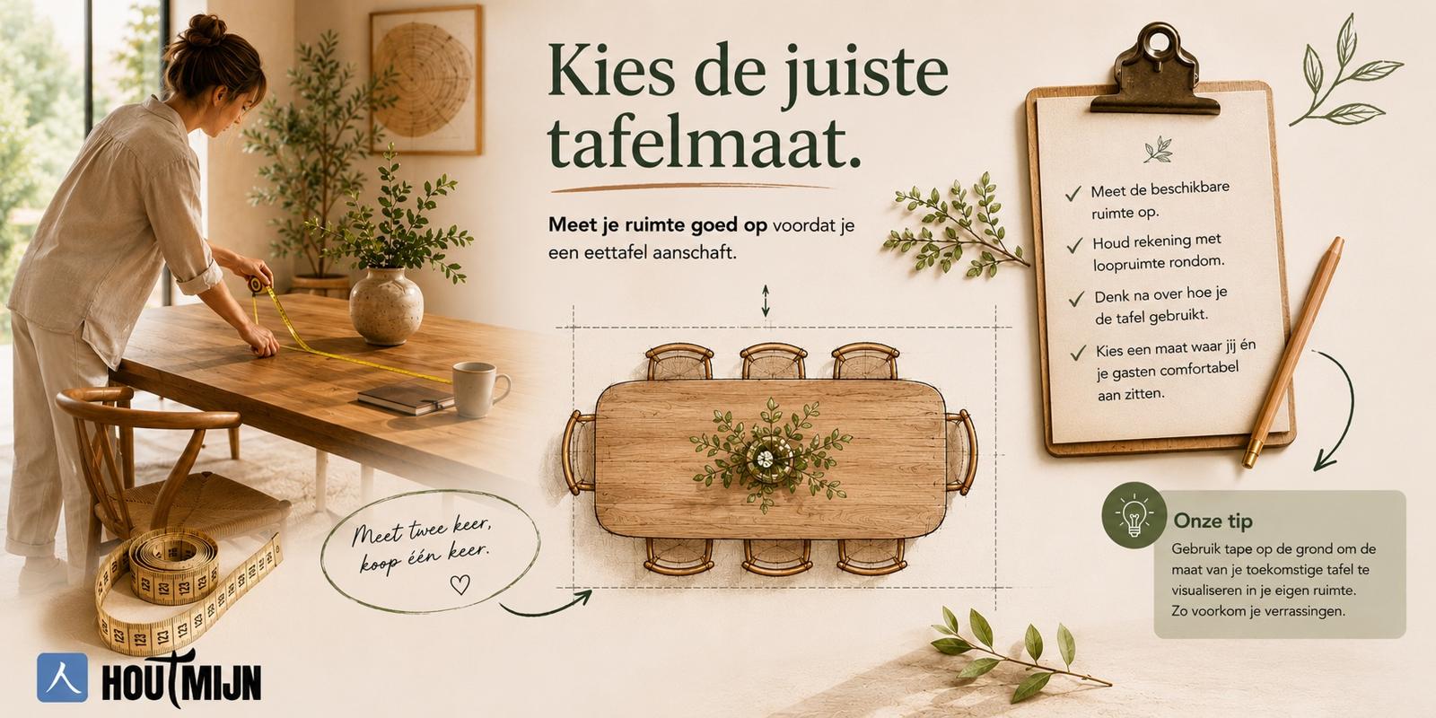 Vrouw meet een houten eettafel op met een meetlint, met checklist en tips voor het kiezen van de juiste eettafelmaat
